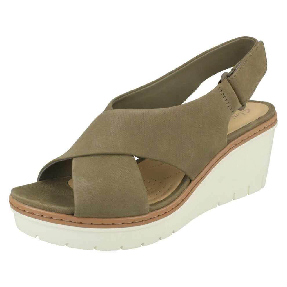 (UK 3, Olive (Green)) Ladies Clarks Slingback Wedge Heel Sandals Palm Candid - D Fit