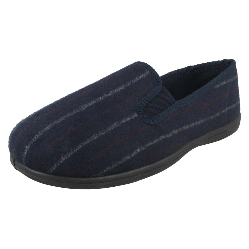 (UK 7, Dark Blue (Stripe)) Mens Clarks Twin Gusset Slippers King Twin - G Fit