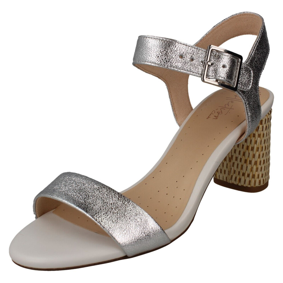 (UK 3, Silver) Ladies Clarks Block Heeled Peep Toe Sandals Amali Weave - D Fit