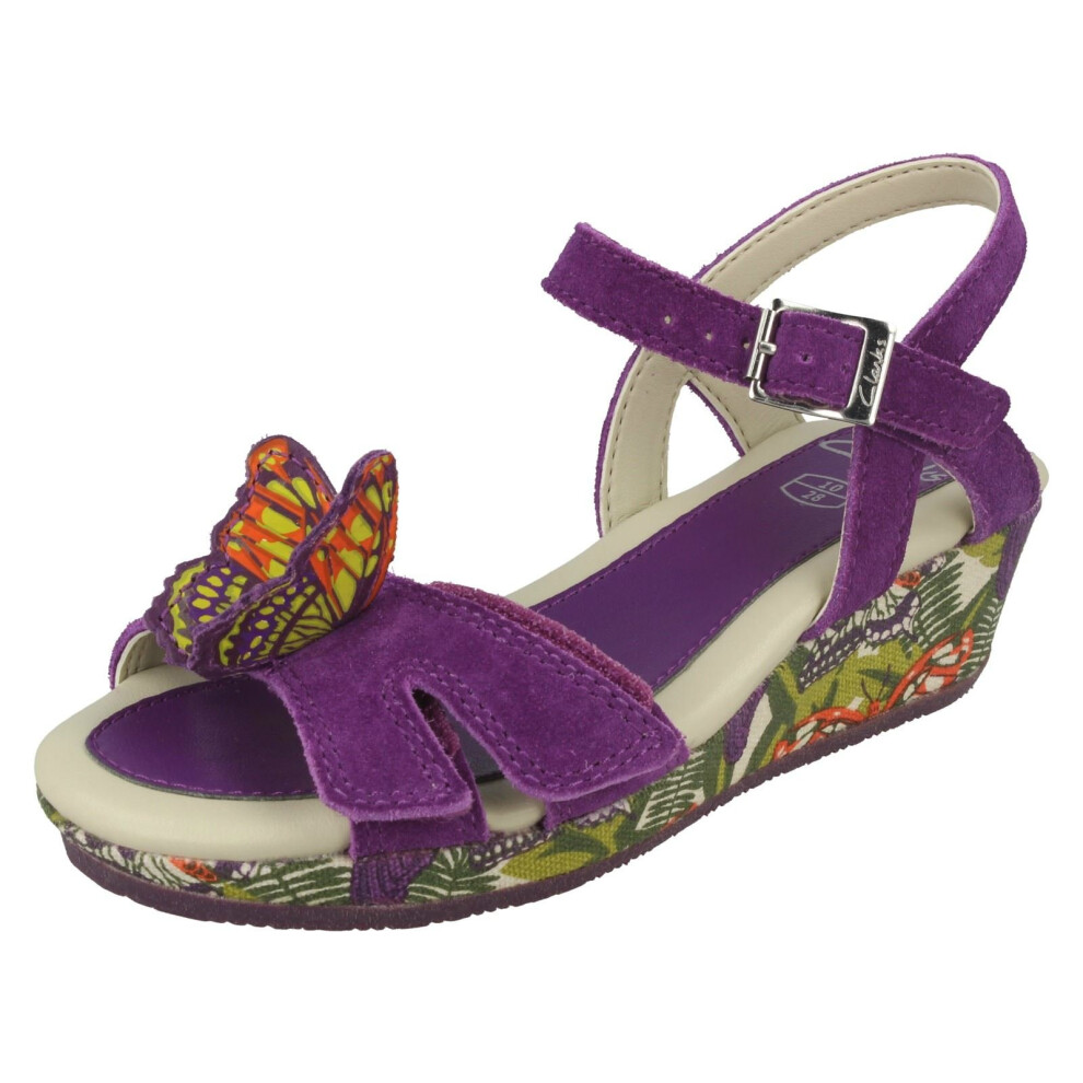 (UK 10 Child, Purple) Girls Clarks Butterfly Print Wedge Sandals Harpy Fly - F Fit