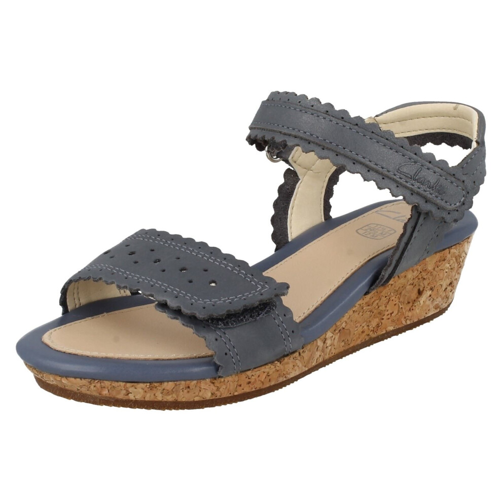 (UK 10 Child, Denim Blue (Blue)) Girls Clarks Wedge Heel Summer Sandals Harpy Myth - F Fit