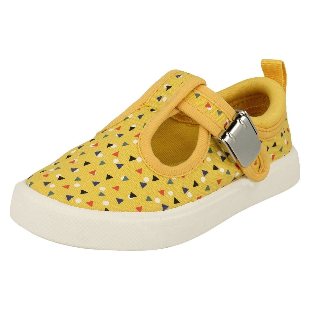 (UK 6.5 Infant, Yellow) Childrens Boys Girls Clarks T-Bar Canvas Shoes City Spark - F Fit