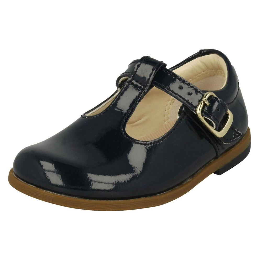 (UK 4.5 Infant, Navy (Blue)) Infant Girls Clarks T-Bar Shoes Drew Shine - F Fit