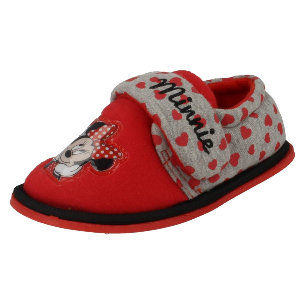 (UK 11 Child, Red/Grey (Red)) Girls Disney Hook & Loop Slippers Minnie Mouse Boarder