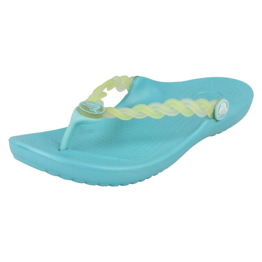 (UK 8-9 Child, Aqua/Celery (Blue)) Girls Crocs Toe Post Sandals Chmlns Tns Weave Flp