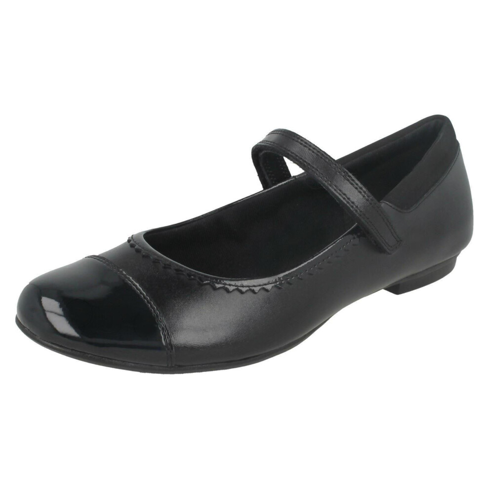 (UK 7 Child, Black) Girls Bootleg By Clarks Patent Toe Cap School Shoes Tizz Ace - E Fit