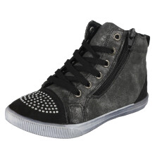 (UK 2 Child, Black) Girls Cutie Hi-Top Trainer Boots with Diamante Toe Cap H4104