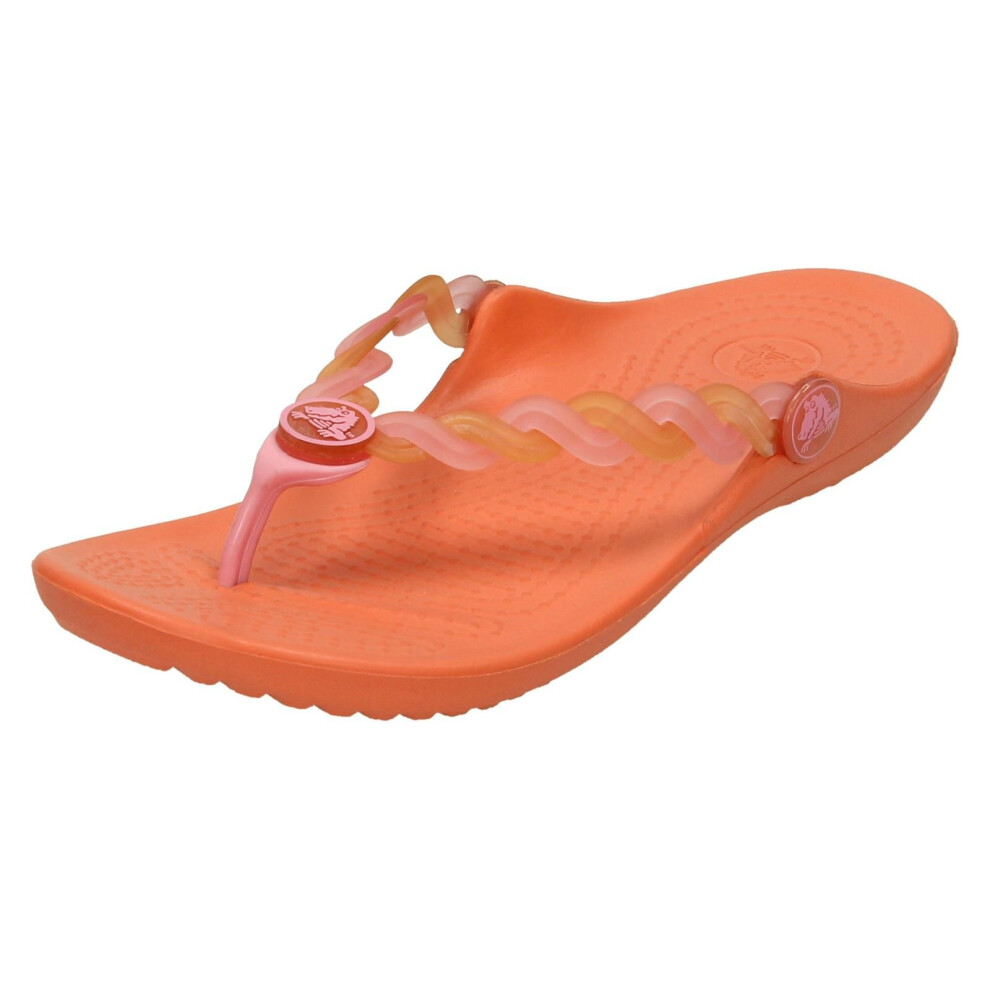 (UK 10-11 Child, Grapefruit/Pink/Lemonade (Orange)) Girls Crocs Toe Post Sandals Translucent Weave Flip Girls