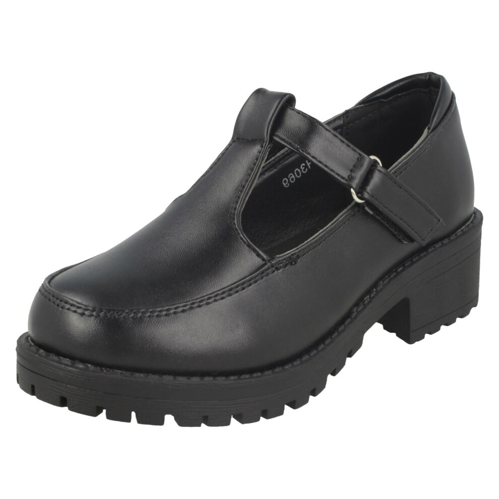 (UK 12 Child, Black) Girls Cool For School Mid Heel T-Bar School Shoes H3069