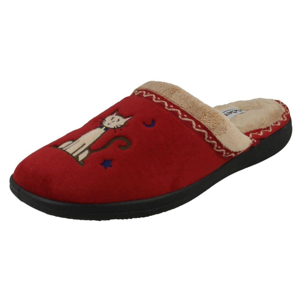 (UK 3, Red) Ladies Padders Wide Fit Cat Design Slipper Mules Tabby - EE Fit