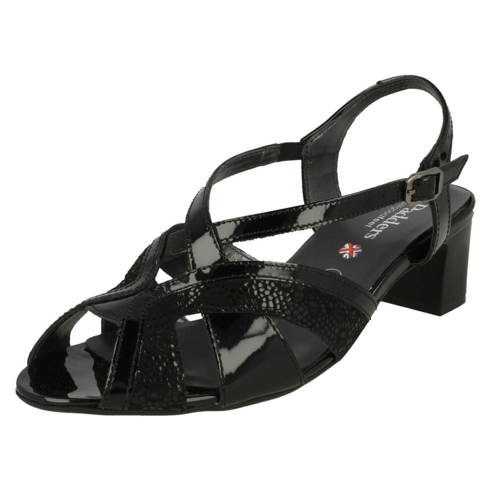 (UK 6.5, Black) Ladies Padders Heeled Slingback Sandals Charm - 2E Fit