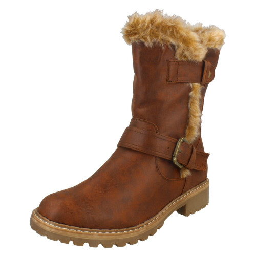 (UK 5, Cognac (Brown)) Ladies Down To Earth Fur Trim Calf Boots