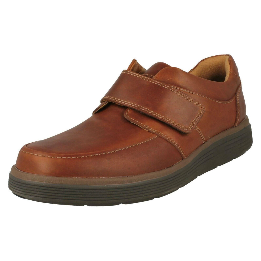 (UK 9.5, Dark Tan (Brown)) Mens Clarks Hook & Loop Formal Moccasins Un Abode Strap - H Fit