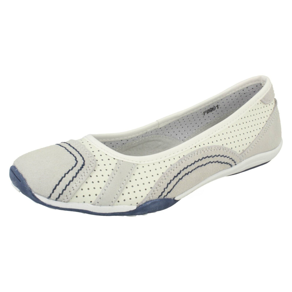 (UK 3, White/Navy (White)) Ladies Down To Earth Flat Ballerina Shoes