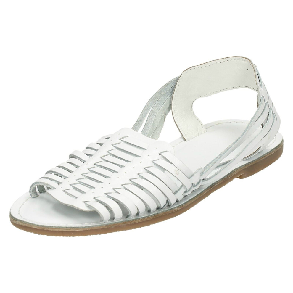 (UK 5, White) Ladies Leather Collection Flat Weaved Slingback Sandal