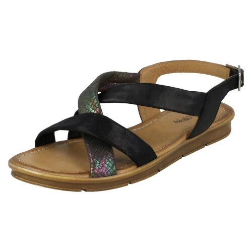(UK 6, Black) Ladies Leather Collection Flat Slingback Sandals