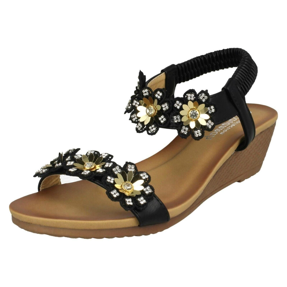 (UK 7, Black) Ladies Savannah Mid Wedge Sandals