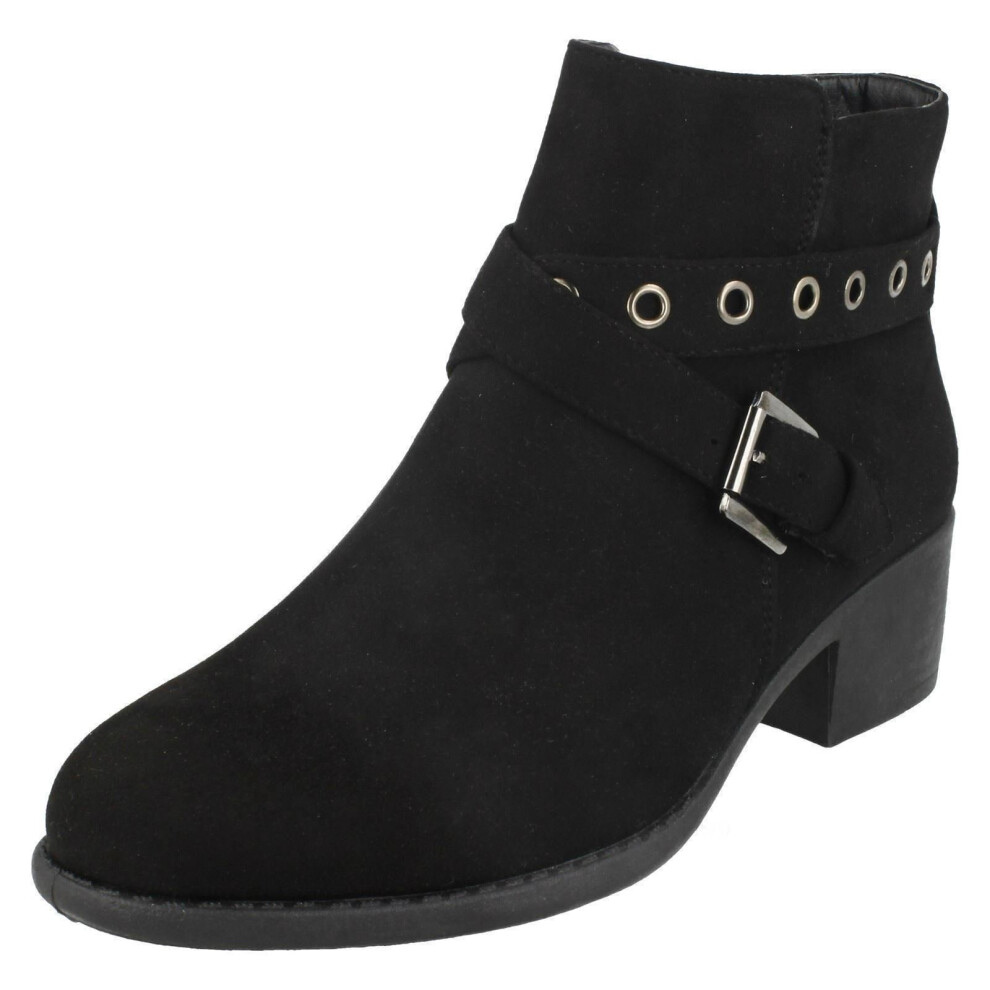 (UK 8, Black) Ladies Spot On Ankle Boots With Buckle Detail