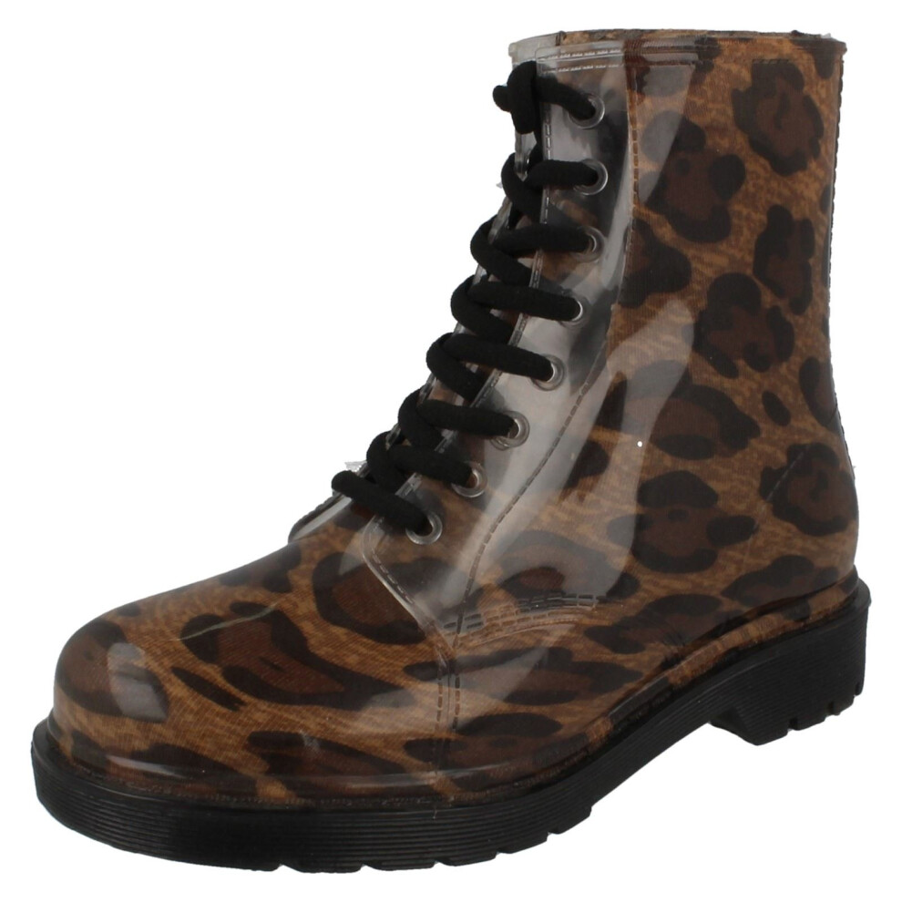(UK 5, Tan Leopard (Brown)) Ladies Spot On Chunky Heel Transparent Boots