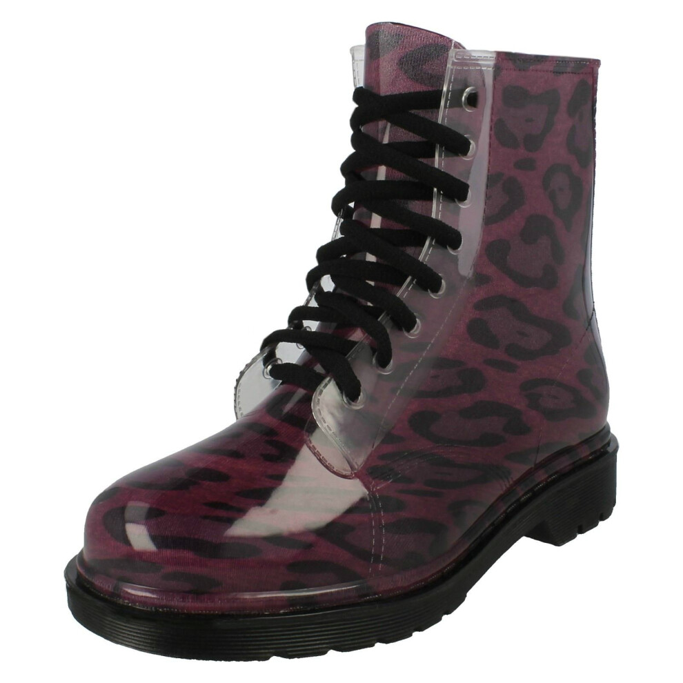 (UK 5, Purple Leopard (Purple)) Ladies Spot On Chunky Heel Transparent Boots