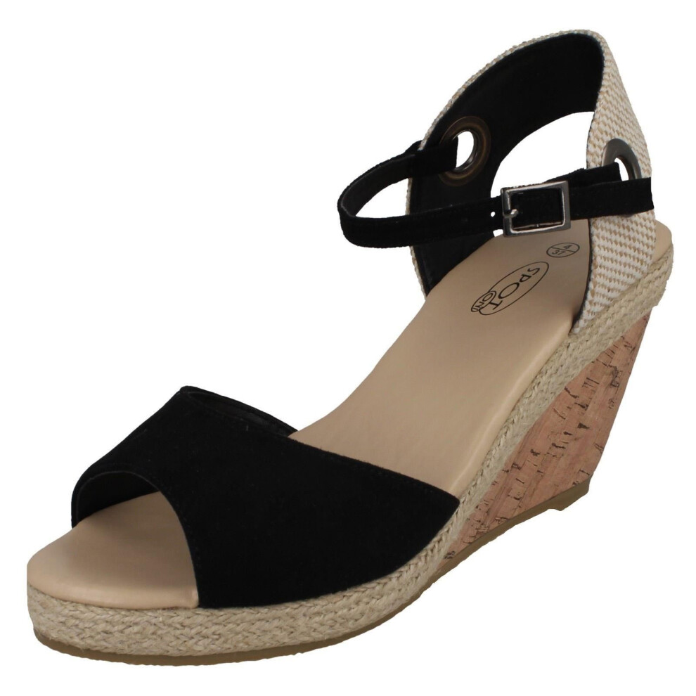 (UK 4, Black) Ladies Spot On Cork Wedge Sandals F2265