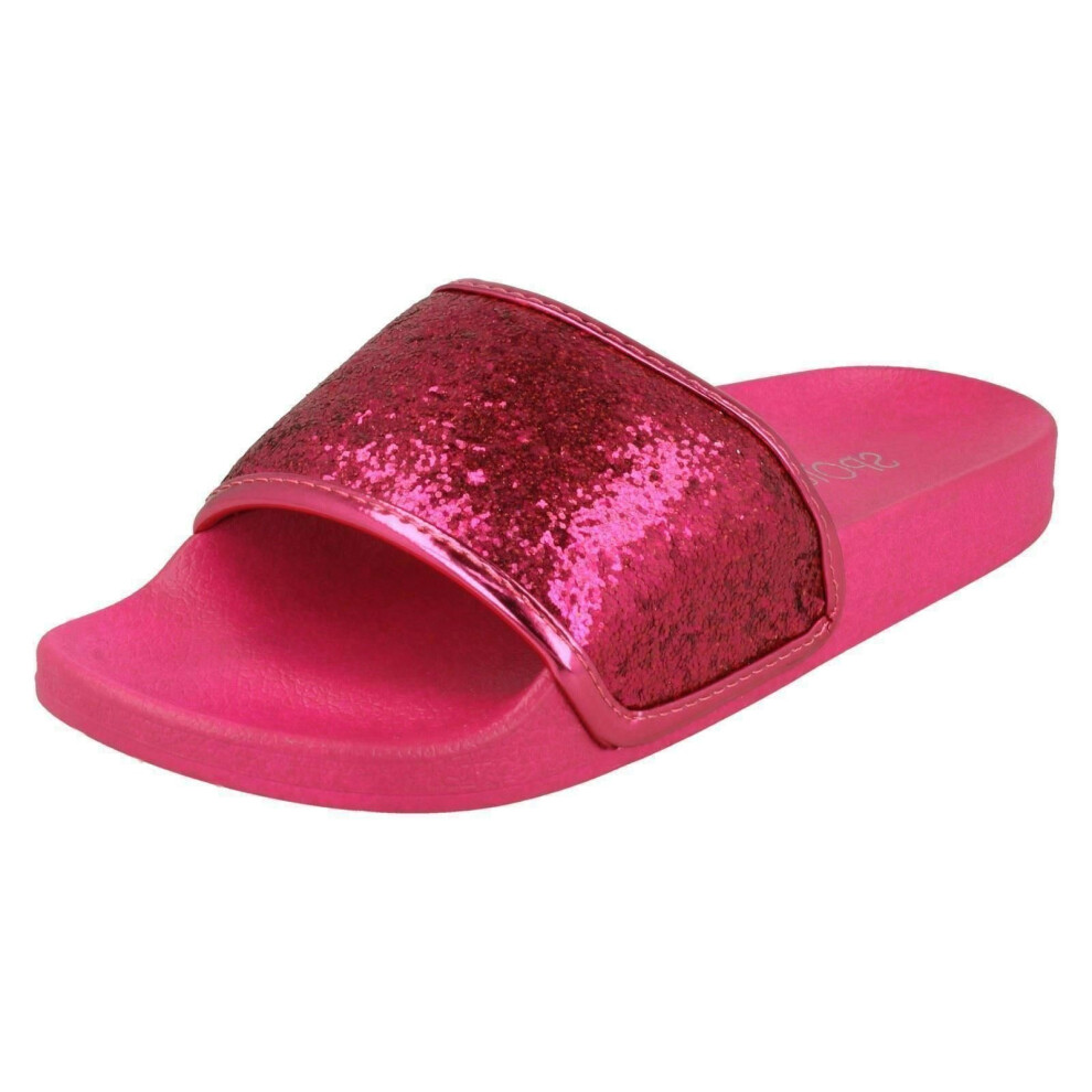 (UK 6, Fuchsia (Pink)) Ladies Spot On Flat Glitter Vamp Sliders