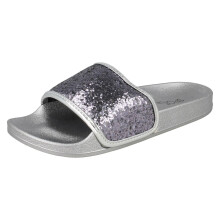 (UK 4, Silver) Ladies Spot On Flat Glitter Vamp Sliders