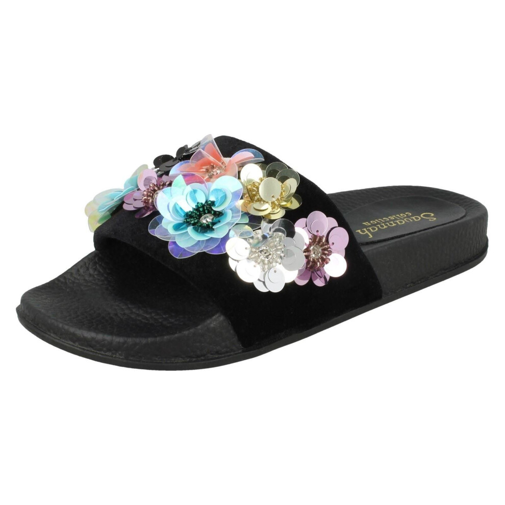 (UK 4, Black) Ladies Savannah Sequin Flower Slider Mules