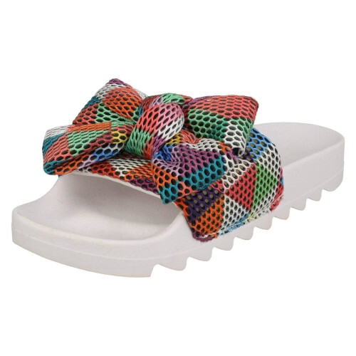 (UK 7, White Multi (White)) Ladies Spot On Multi Twist Bow Sliders