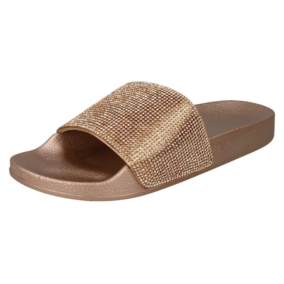 (UK 7, Rose Gold (Gold)) Ladies Spot On Diamante Sliders