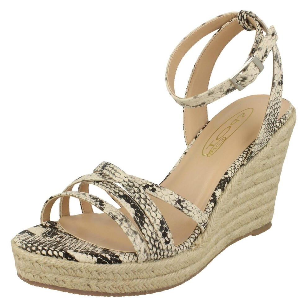 (UK 5, Natural Snake Print (Multi)) Ladies Spot On Rope Wedge Strappy Sandals F2275