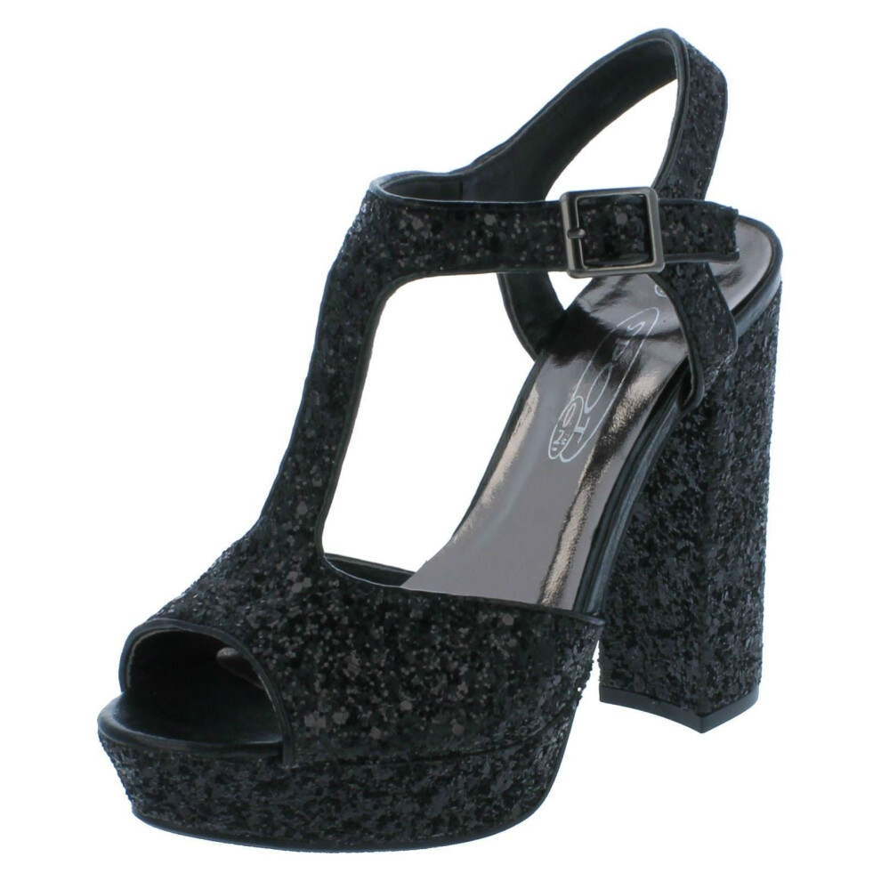 (UK 4, Black) Ladies Spot On Glittery Platform Sandals