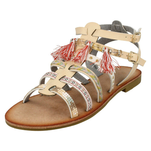 (UK 4, Beige) Ladies Savannah Flat Strappy Beaded Sandals