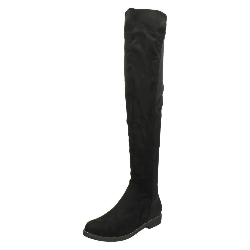 (UK 4, Black) Ladies Spot On Flat Knee High Boots