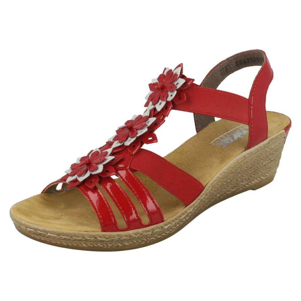 (UK 6, Red) Ladies Rieker Flower Detail Wedge Sandals 62461