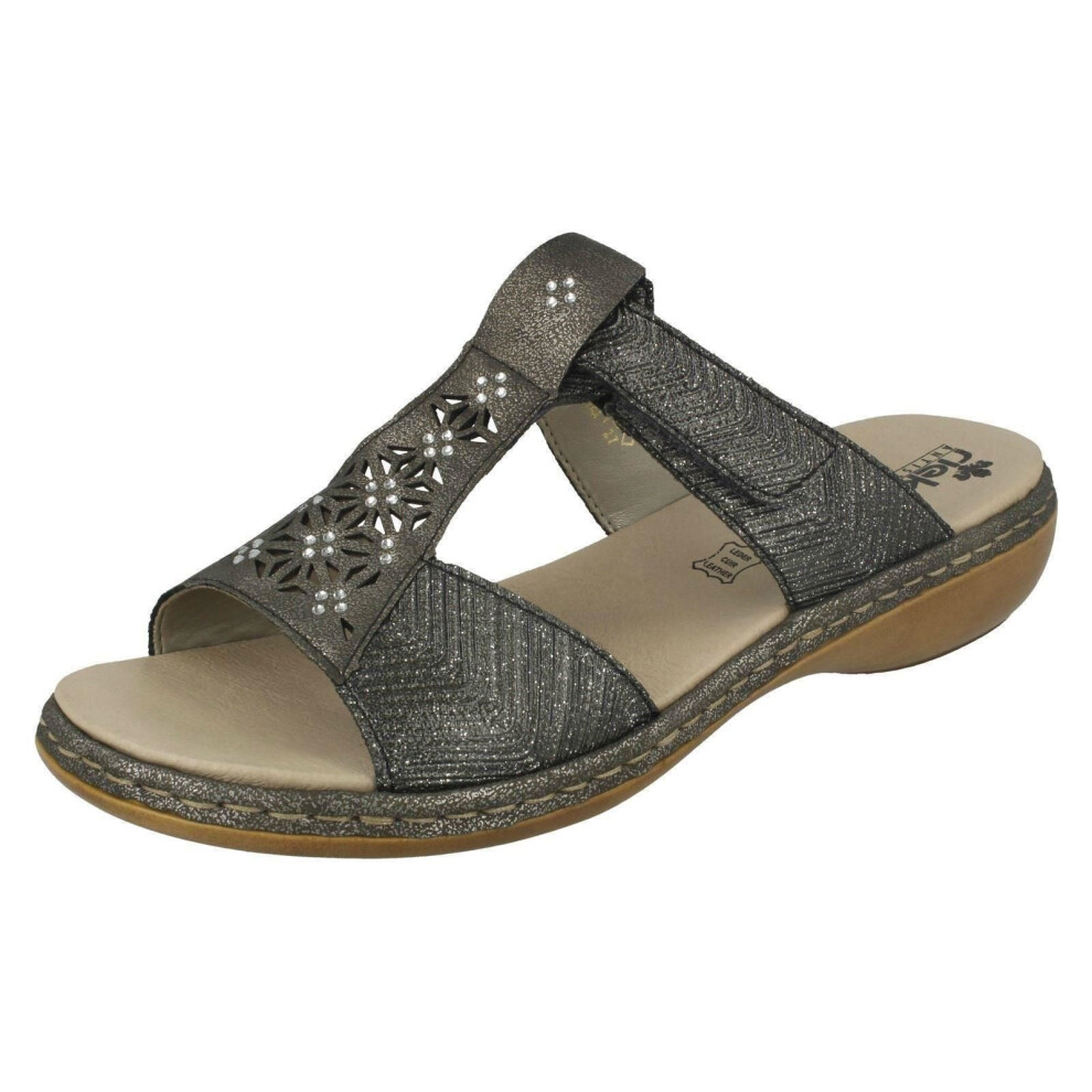 (UK 6.5, Silver/Platinum (Silver)) Ladies Rieker Diamante Cut Out Sandal 65950