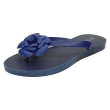 (UK 6, Navy (Blue)) Ladies Spot On Flat Toepost Flower Trim Sandal