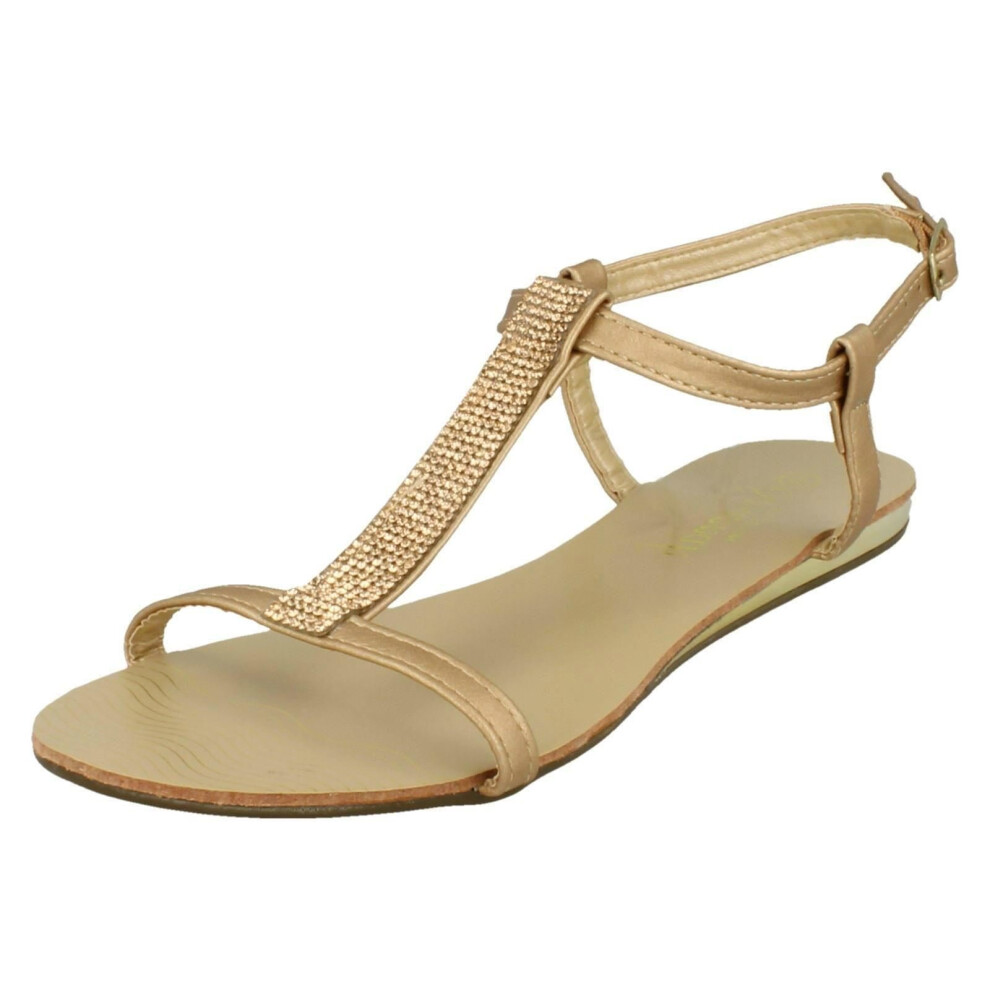 (UK 5, Gold) Ladies Savannah Flat T Bar Diamante Trim Casual Sandal