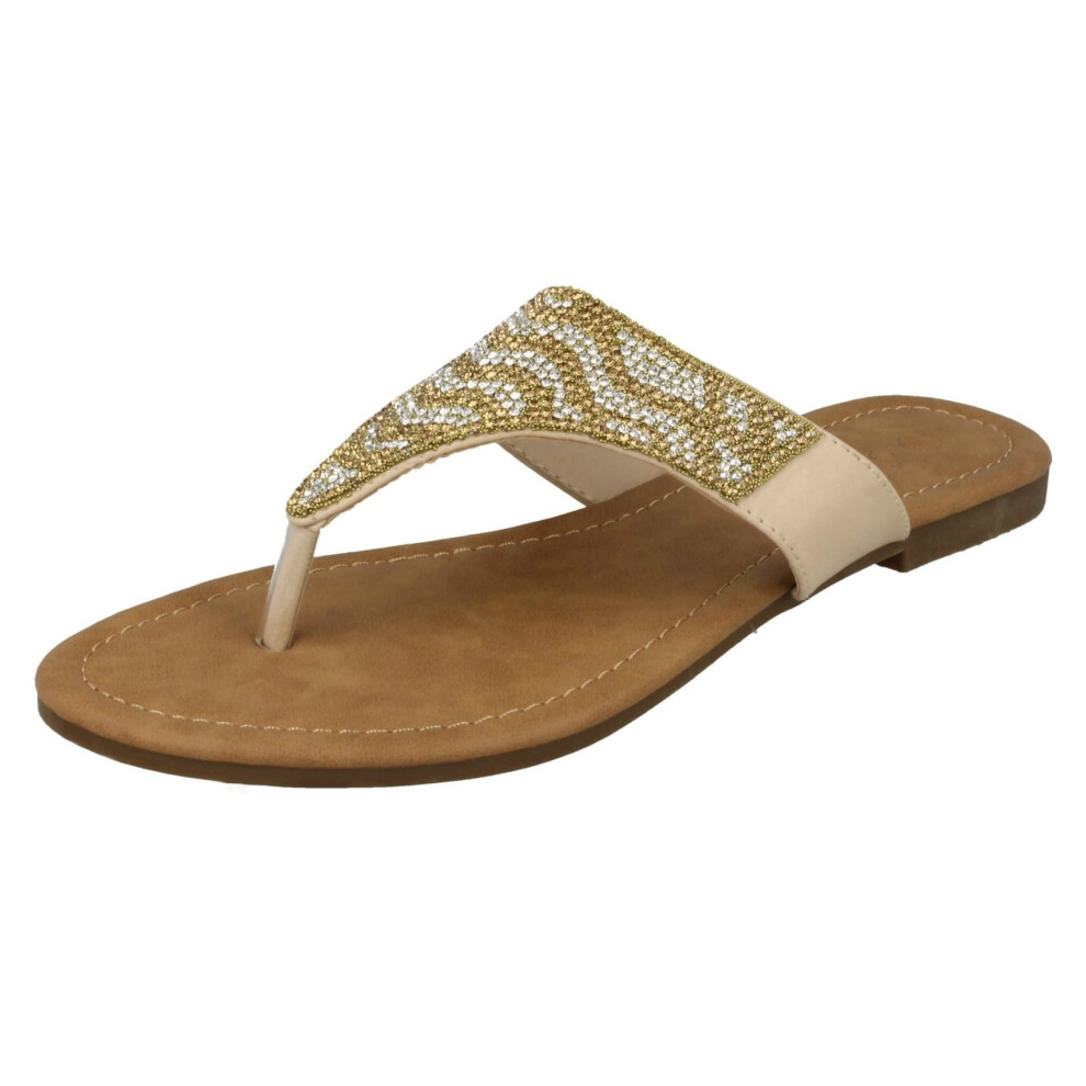 (UK 5, Gold) Ladies Savannah Flat Diamante Toe Post Sandals