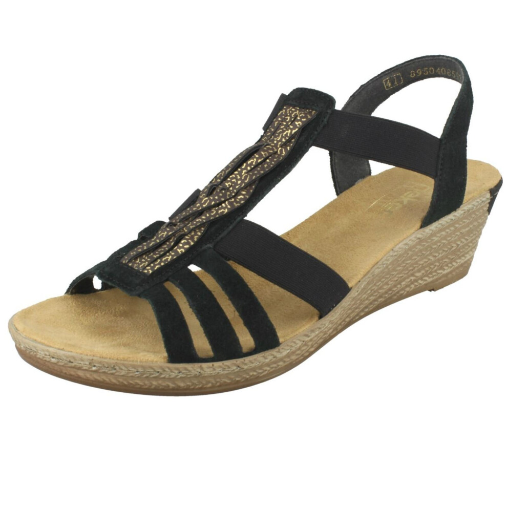 (UK 8, Black) Ladies Rieker Wedge Summer Sandals 62479