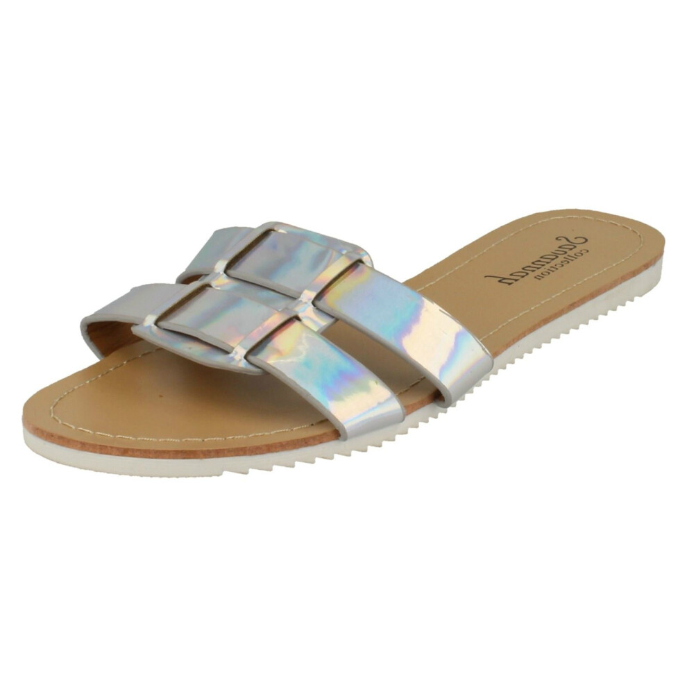 (UK 4, Silver) Ladies Savannah Flat Two Strap Mule