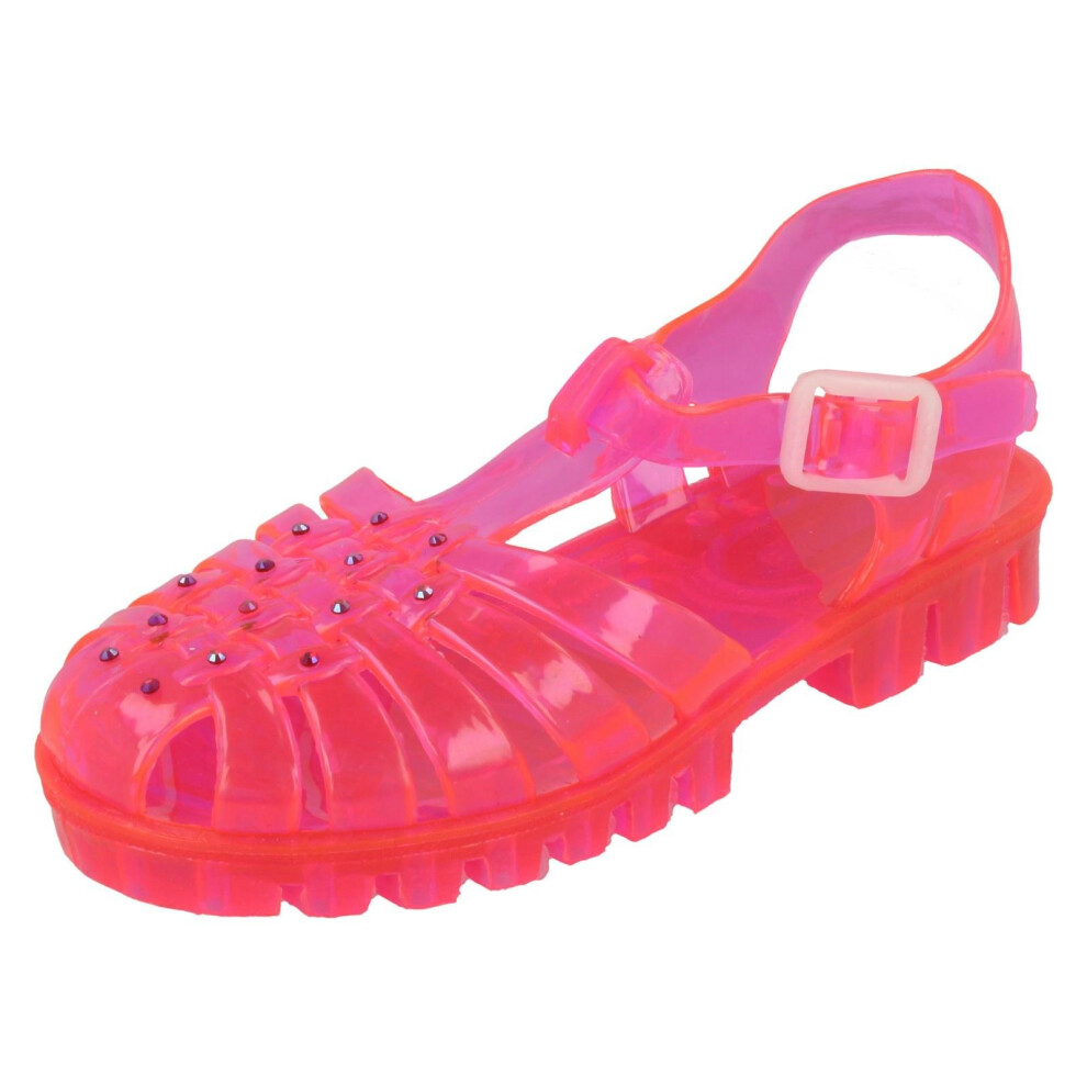 (UK 12 Child, Neon Pink (Pink)) Girls Spot On Jelly Sandals With Diamante Detail