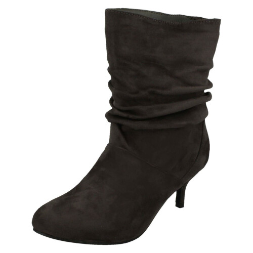 (UK 7, Grey) Ladies Spot On Heeled Ruffle Boots