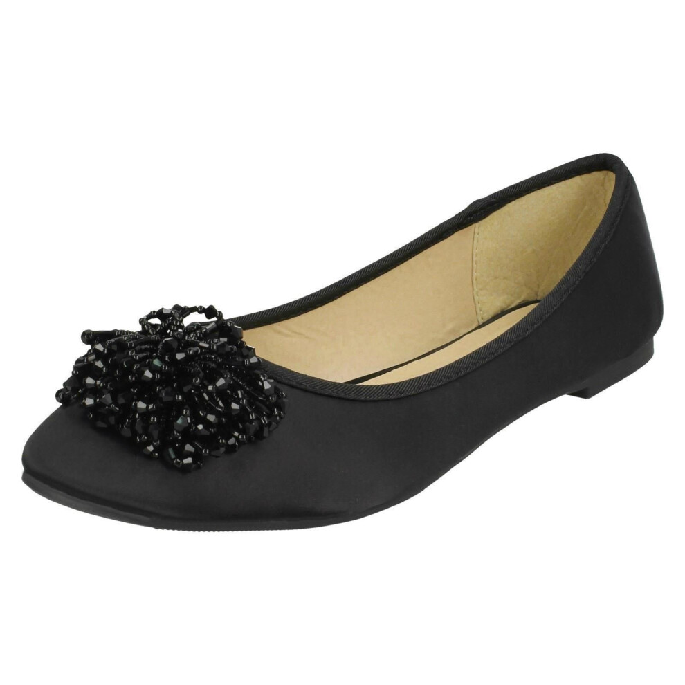 (UK 6, Black) Ladies Spot On Beaded Ruffle Vamp Flat Ballerina-image-OPC-P5K7GZQ-NEW