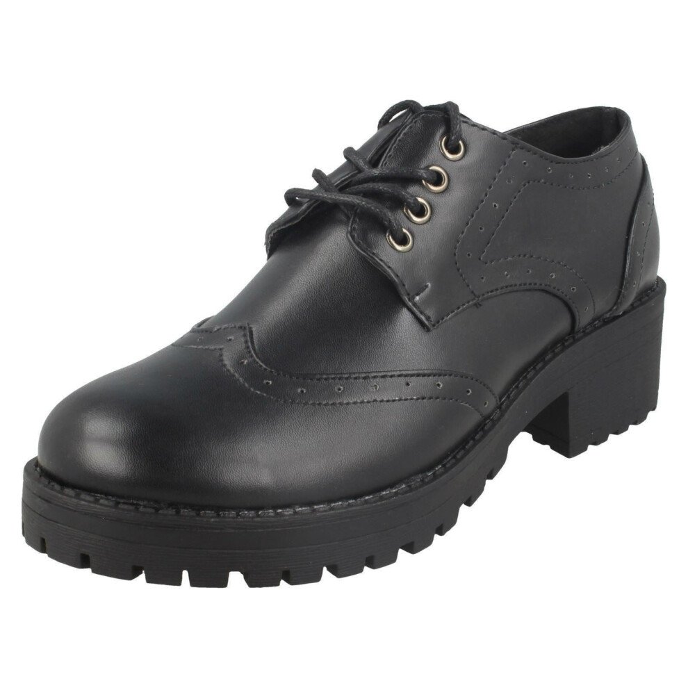 (UK 7, Black) Ladies Spot On Mid Chunky Heel Brogues