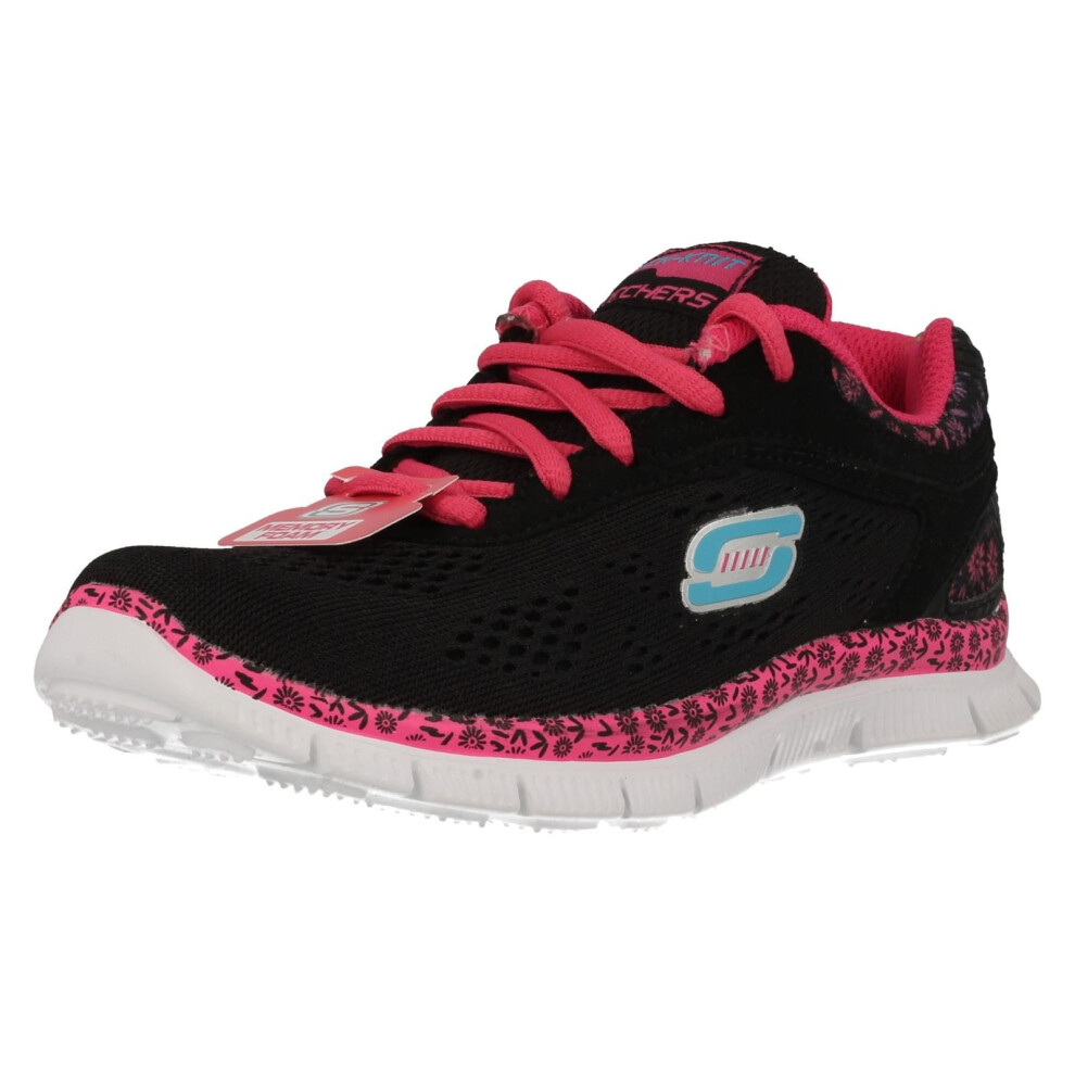 (UK 10.5 Child, Black/Hot Pink (Black)) Girls Skechers Memory Foam Trainers Island Style