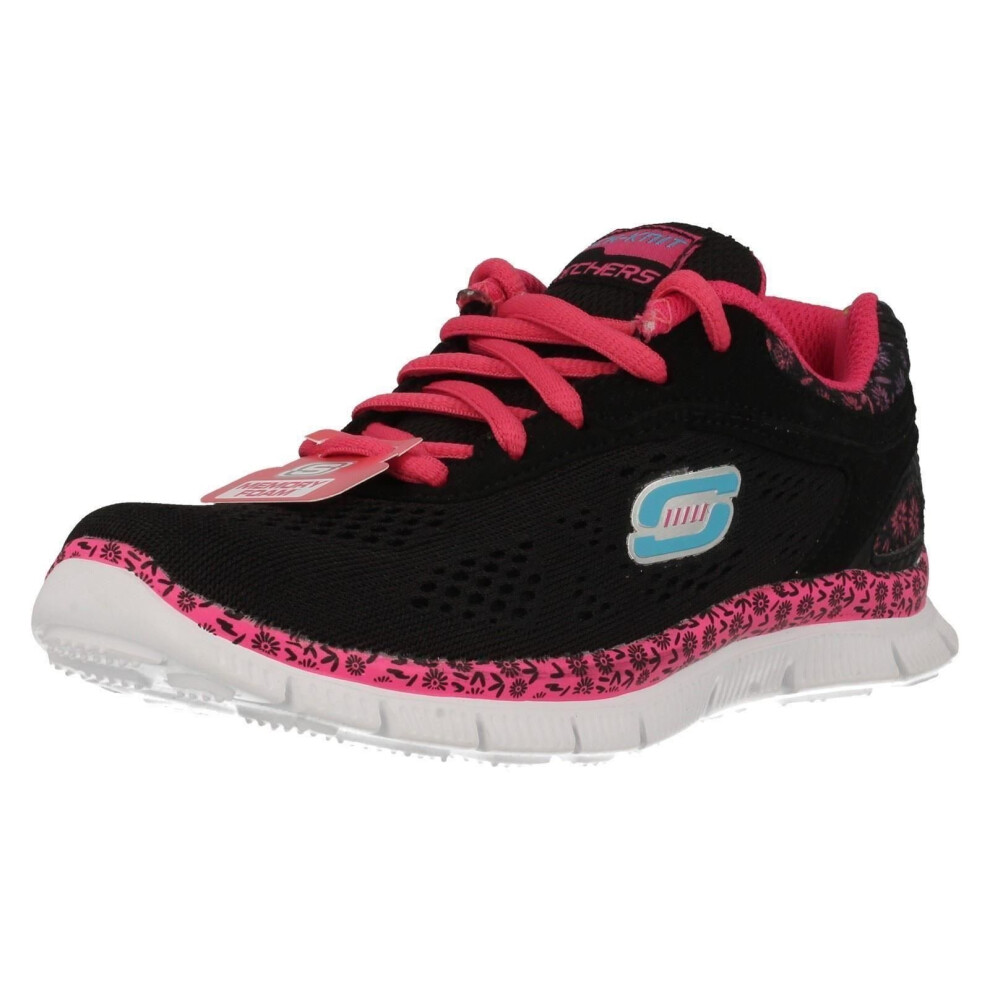 (UK 12.5 Child, Black/Hot Pink (Black)) Girls Skechers Memory Foam Trainers Island Style