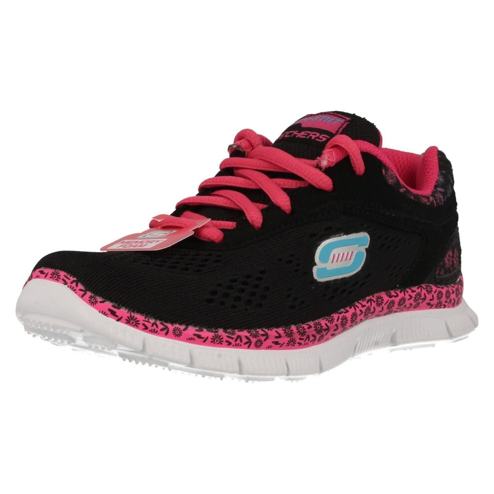 (UK 12 Child, Black/Hot Pink (Black)) Girls Skechers Memory Foam Trainers Island Style