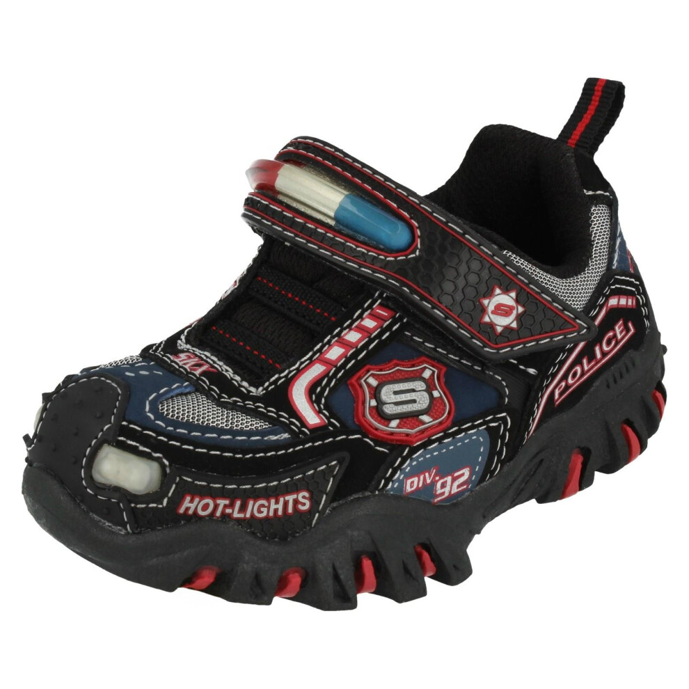 (UK 4 Infant, Black/Red/Navy (Black)) Boys Skechers Hot Lights Trainers Police