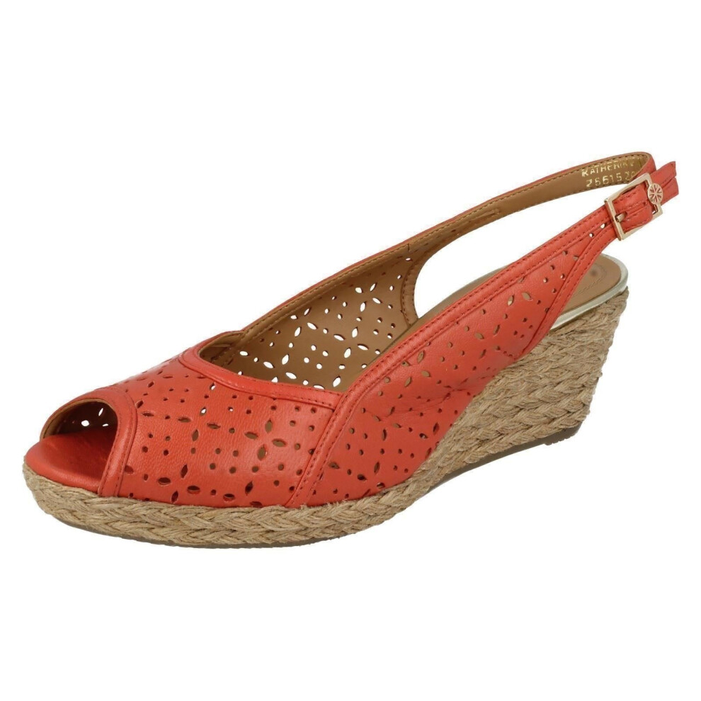 (UK 7, Coral (Red)) Ladies Van Dal Peep Toe Wedge Sandals Katherine - D Fit